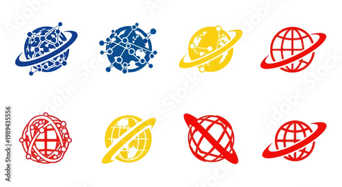 Global Network Connection Icons Set: Blue, Yellow, Red Planet Earth Logos