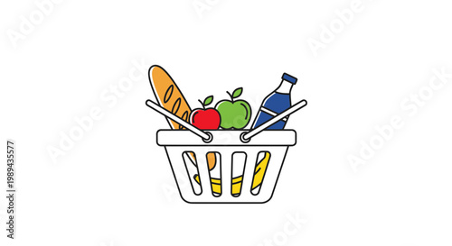 Grocery Shopping Basket with Food and Drinks, Isolated on White Background