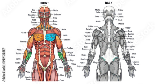 Human Anatomy Muscular System Chart Front and Back View Medical Illustration