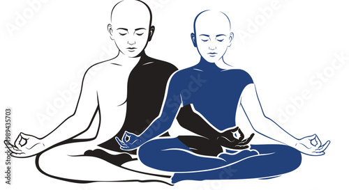 Two figures meditating in lotus pose, yin yang balance, spiritual harmony