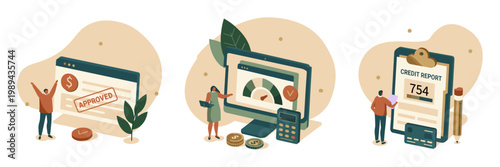 Vector illustration depicting financial concepts online banking investment growth credit scores people interacting with investment illustration business transaction analysis statistics computer