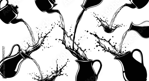 Black and White Pouring Liquid Splash from Pitchers and Teapots