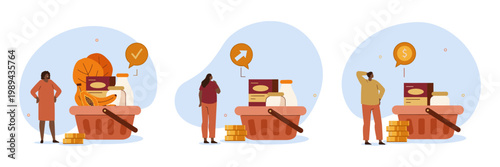 Shopping cart with groceries and people grocery store flat design shopping groceries consumer purchase supermarket customer selection illustration collection consumerism nutrition
