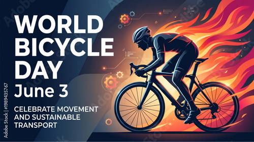 Dynamic cycling sport poster for world bicycle day with athlete rider motion illustration glowing energy trail and sustainable transport awareness campaign design