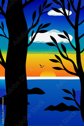 Stylized landscape featuring silhouetted trees a bird and a colorful sunset