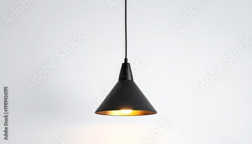Minimalist black pendant lamp hanging, modern studio lighting design, sleek cone light fixture on white background for interior decor and home style