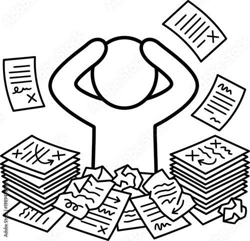 Overwhelmed person surrounded by stacks of paperwork and documents flying everywhere in frustration