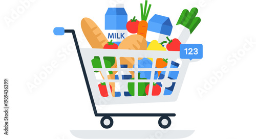 A shopping cart filled with various grocery items