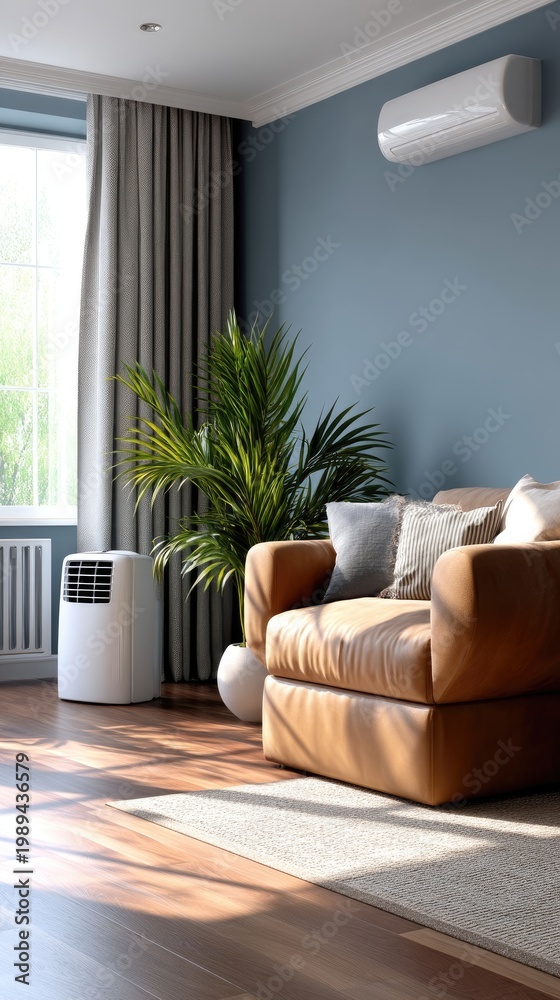 Fototapeta premium Portable air conditioner in modern living room with natural light and stylish design during day time