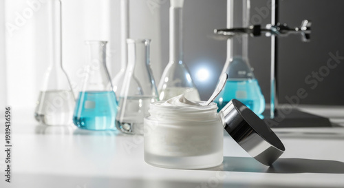 A scientific laboratory setting featuring various glass beakers flasks and test tubes with a blue liquid