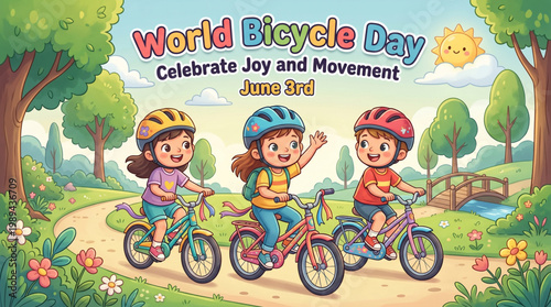 Children cycling in park celebrating world bicycle day with colorful bikes joyful kids riding outdoors nature scene for healthy lifestyle awareness campaign