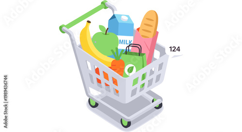 Shopping cart filled with fresh produce and groceries