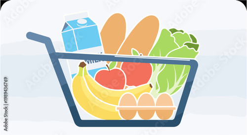 A shopping cart filled with fresh produce and groceries