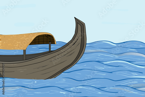 A stylized illustration of a gondola gracefully floating on blue water