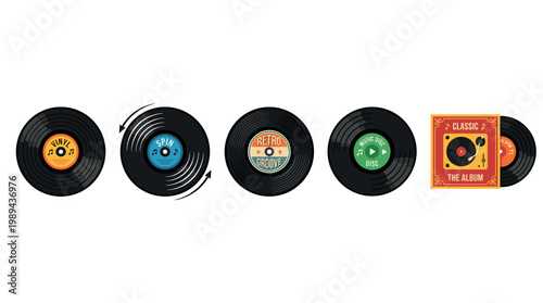 Vinyl records are displayed in a vibrant collection of retro music discs, featuring various colorful labels and a classic album cover.