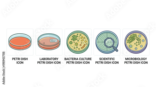 Petri dishes laboratory science microbiology research icons illustrating various aspects of scientific experimentation and biological study in a modern flat design style.