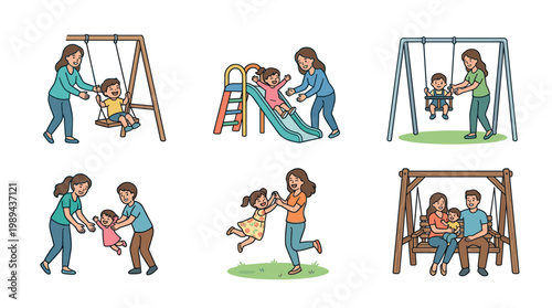 Parents and children enjoy various fun outdoor playground activities together, fostering happiness, strong family bonds, and cherished childhood memories.