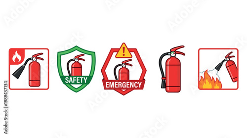 Fire extinguisher safety emergency icons set vector illustration depicting essential equipment for fire protection, hazard warning, and urgent response concepts.