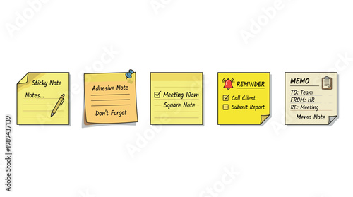 Five yellow sticky notes with various reminders and messages for organization, planning, and communication in a hand-drawn cartoon style.