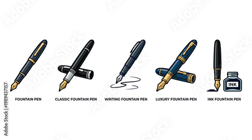 Various elegant fountain pens and ink bottles are beautifully illustrated in a collection showcasing different styles and uses for writing and calligraphy.