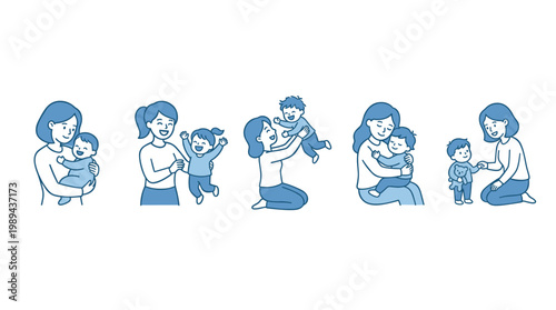 Mother and child illustrations depicting various stages of early childhood development, showing playful interactions and loving care.