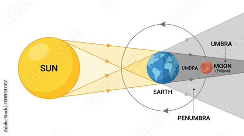 Infographic diagram showing the sun, Earth, and moon with solar eclipse phases and shadows
