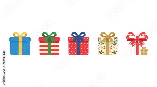 Colorful festive gift boxes and presents are beautifully arranged in a row, symbolizing joy and celebration for various holidays and special occasions.