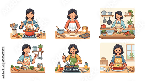 Woman cooking delicious meals, preparing various dishes from chopping vegetables to baking and frying, showcasing culinary skills.
