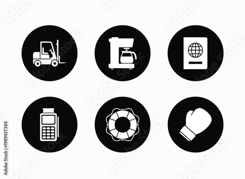 Group of six white circular icons on black background representing common objects.