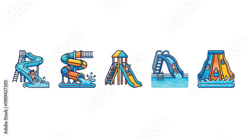 Five colorful water slides with people enjoying the thrill of sliding into refreshing pools of water, perfect for summer fun and aquatic adventures.