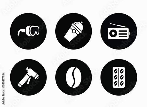Group of six icons in black circles with everyday items and activities.