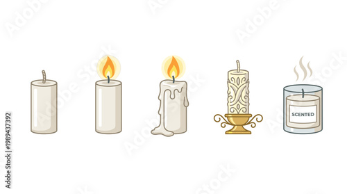 Various candles in different stages and styles are depicted in a charming cartoon illustration, showcasing their diverse forms and uses.