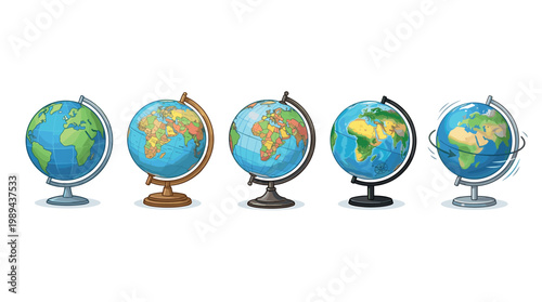 Five different cartoon globes representing the Earth's geography and political divisions are displayed in a horizontal line, showcasing various map styles and stands.