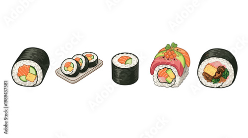 Delicious sushi rolls featuring various fresh ingredients are beautifully arranged, showcasing a vibrant and appetizing Japanese culinary experience.