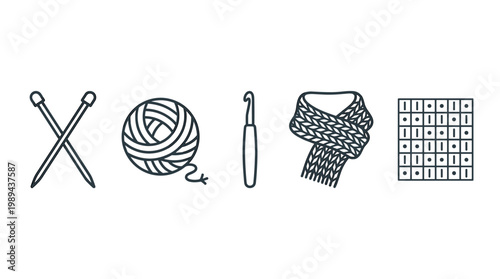 Knitting and crocheting craft supplies and accessories collection of outline icons representing handmade hobbies and textile arts.