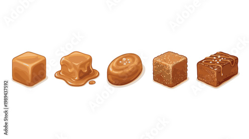 Various delicious caramel candies and sweet toffee treats in different forms, including cubes, melting pieces, and salted variations, showcasing a range of textures and flavors.