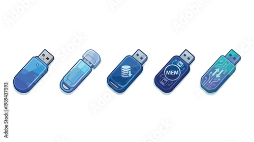 Five stylized USB flash drives are depicted in a row, showcasing various designs related to data storage and digital information transfer.