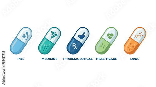 Five colorful pharmaceutical capsules are depicted with different symbols representing various aspects of medicine and healthcare.