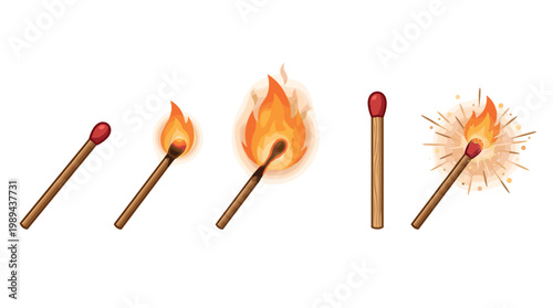 Matches in various stages of ignition and burning process, from unlit to fully aflame, illustrating the concept of starting a fire.