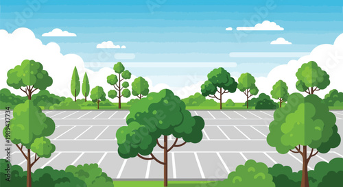 Empty parking lot with lush green trees under a bright blue sky