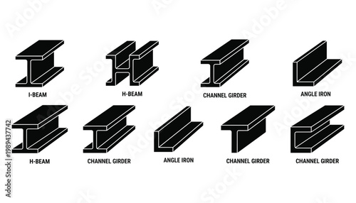 Collection of black silhouettes of steel beams and profiles for industrial construction, vector art.