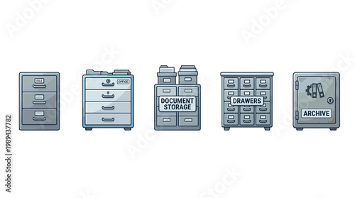 Various office filing cabinets document storage archive units presented as a detailed vector illustration set for business and organization.