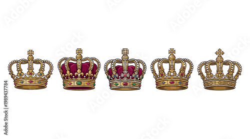 Five ornate royal crowns adorned with jewels and pearls are beautifully displayed, symbolizing power, wealth, and majestic authority.