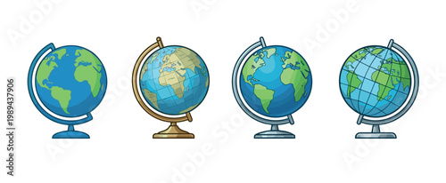 Four different world globes with various stands and map details are displayed, representing education, travel, and global concepts.