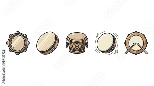 Percussion instruments drums tambourine musical collection of various rhythmic tools for sound and rhythm creation, perfect for music education and entertainment.