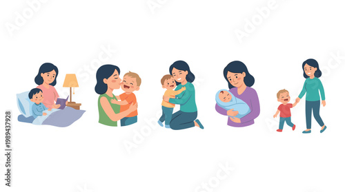 Mother and child illustrations depicting various stages of parenting and love, showcasing the beautiful bond and care throughout a child's early development.