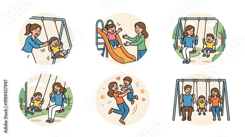 Happy family parents children enjoying outdoor playground activities together, creating joyful memories and strengthening their loving bond through fun and laughter.