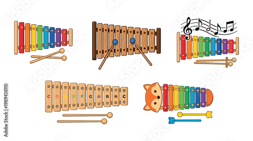 Various cartoon xylophones and glockenspiels featuring colorful bars, wooden designs, musical notes, and playful animal themes for kids.
