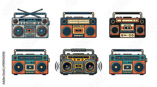 Six colorful boombox illustrations in a retro cartoon style showcase vintage portable music players with speakers and cassette decks.
