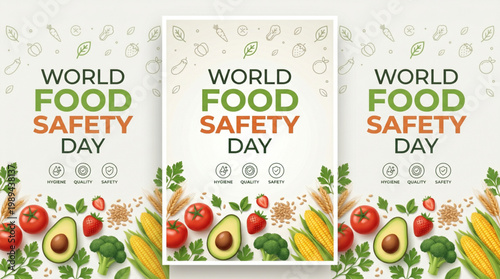 Fresh vegetable layout for global hygiene awareness poster featuring avocado tomato corn and greens promoting safe nutrition practices and public health campaign